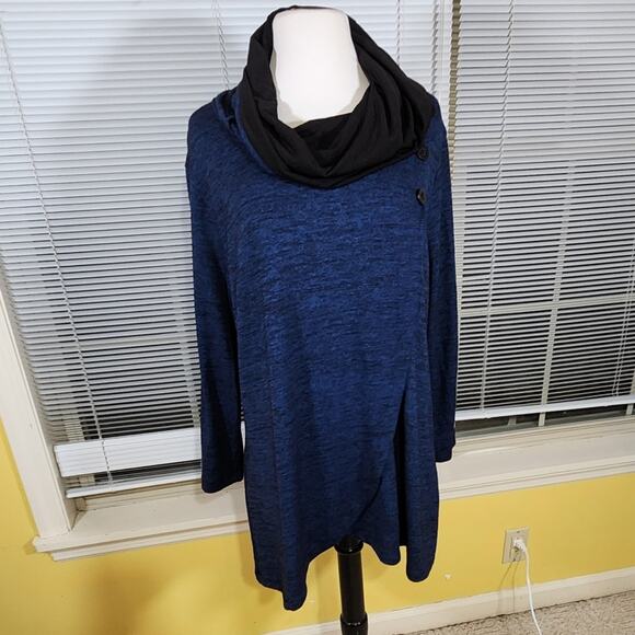 Ali Miles Large $84 Blue Black Heather Cowl Neck Wrap Asymmetric Tunic Knit Top - Picture 1 of 8